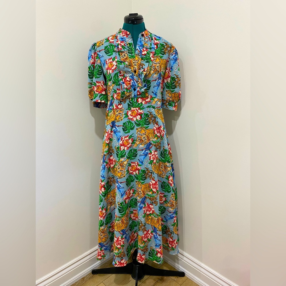 Jungle floral print midi dress with ruffle detail on top